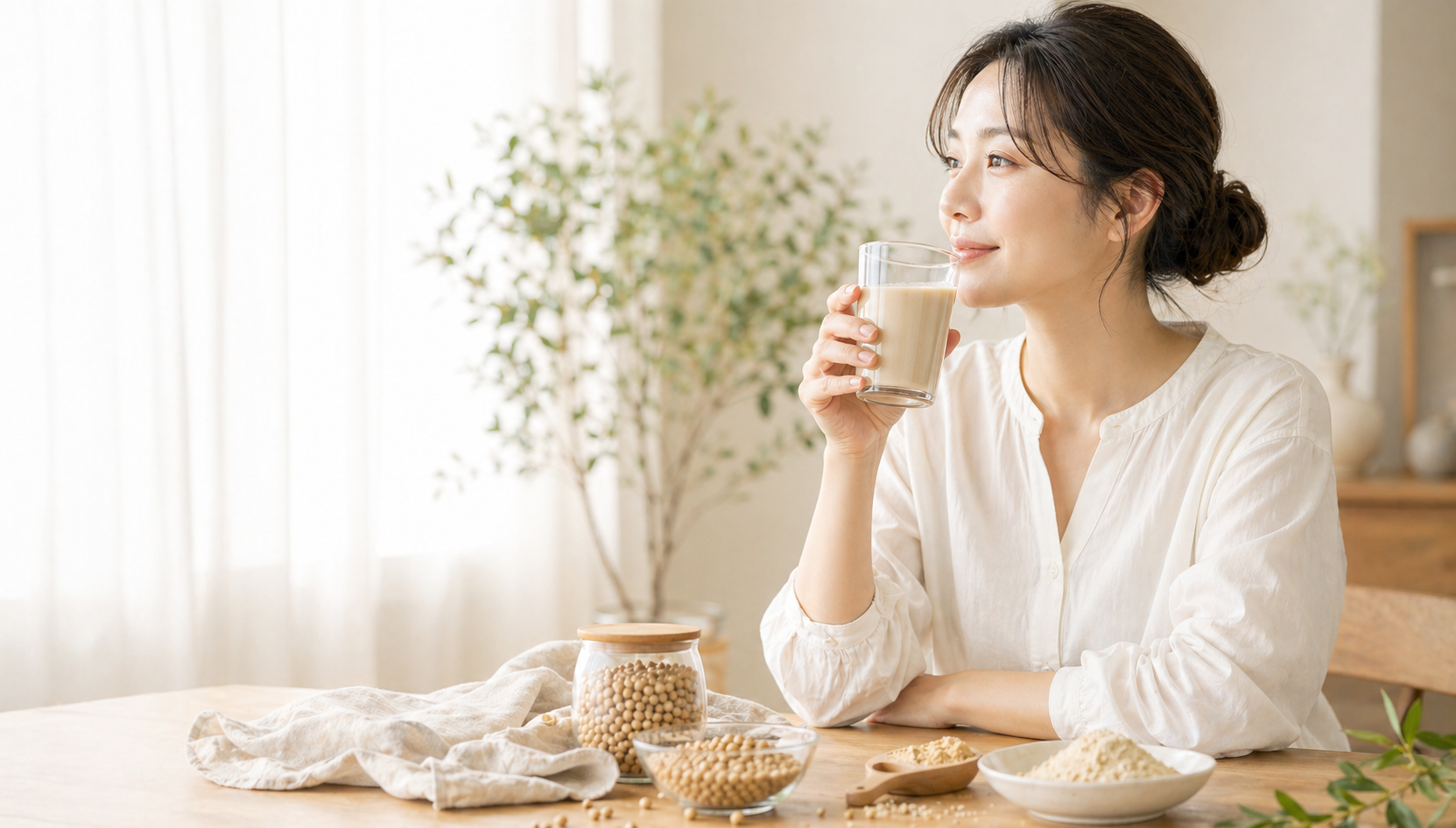 明るい部屋でソイプロテインドリンクを飲む女性